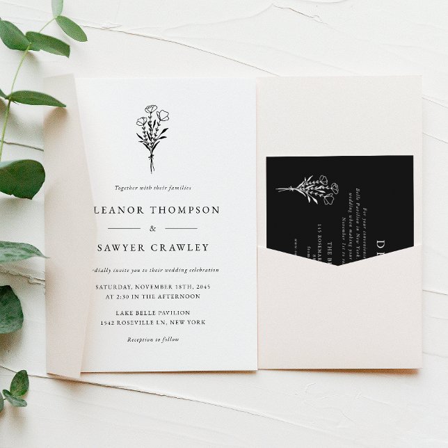 Black Modern Minimalist Floral Bouquet Wedding Invitation (Creator Uploaded)