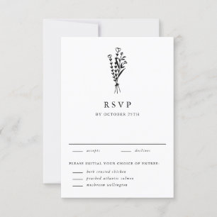 Black Modern Minimalist Floral Bouquet Wedding  RSVP Card