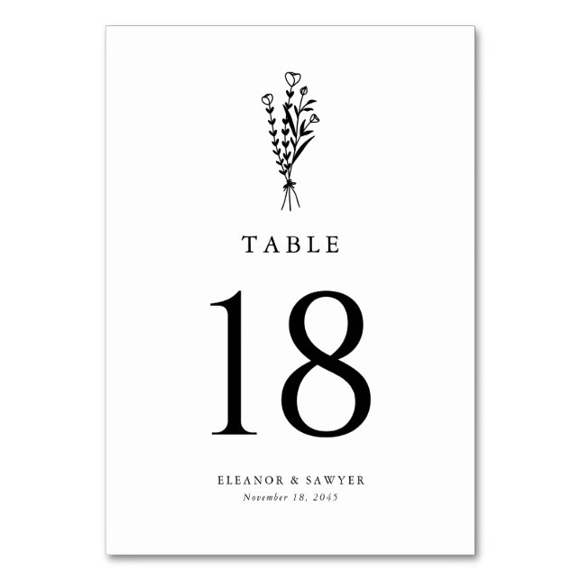 Black Modern Minimalist Floral Bouquet Wedding Table Number (Front)
