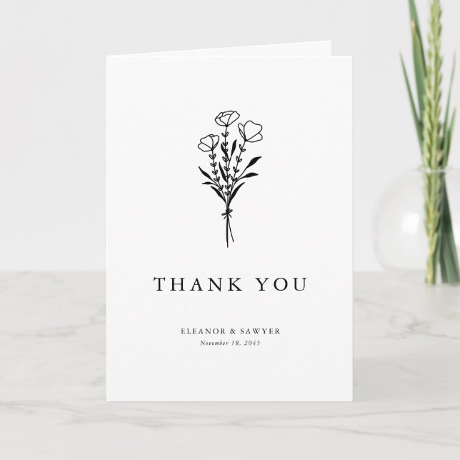 Black Modern Minimalist Floral Bouquet Wedding Thank You Card (Front)