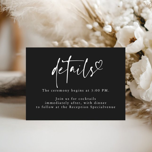 Black Modern Minimalist Heart Wedding Details  Enclosure Card (Minimalist Black Wedding Details Card)