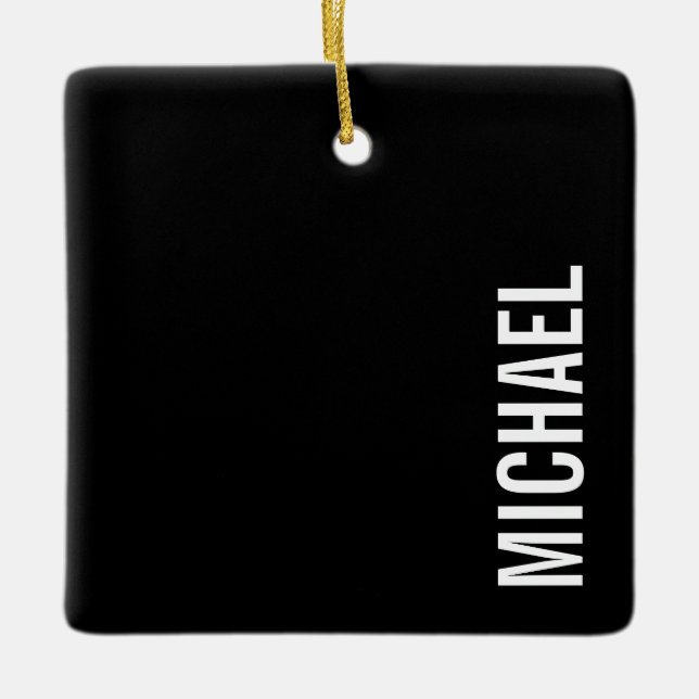 Black Modern Minimalist Personalised Name Ceramic Ornament (Front)