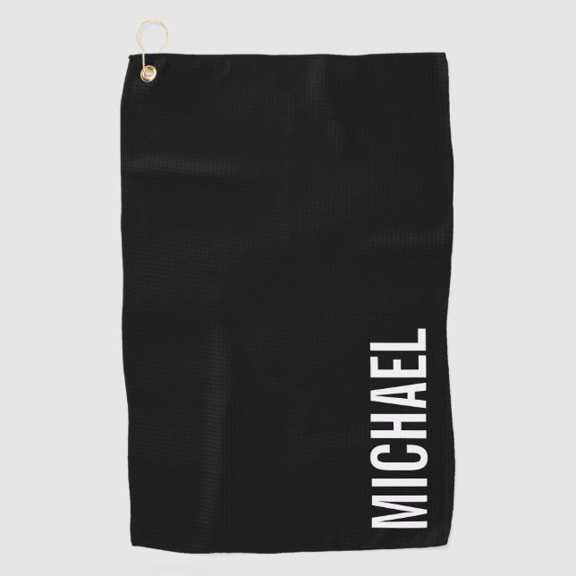 Black Modern Minimalist Personalised Name Golf Towel (Front)