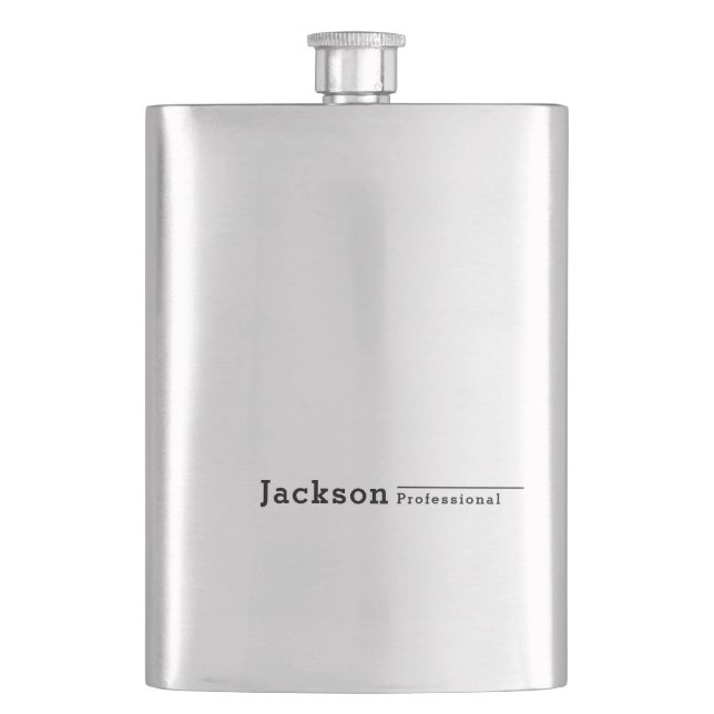 Black modern minimalist personalised name hip flask (Front)