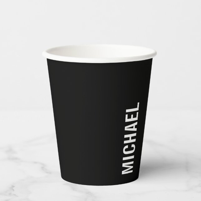Black Modern Minimalist Personalised Name Paper Cups (Front)