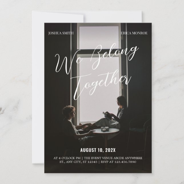 Black modern minimalist photo wedding invitation (Front)