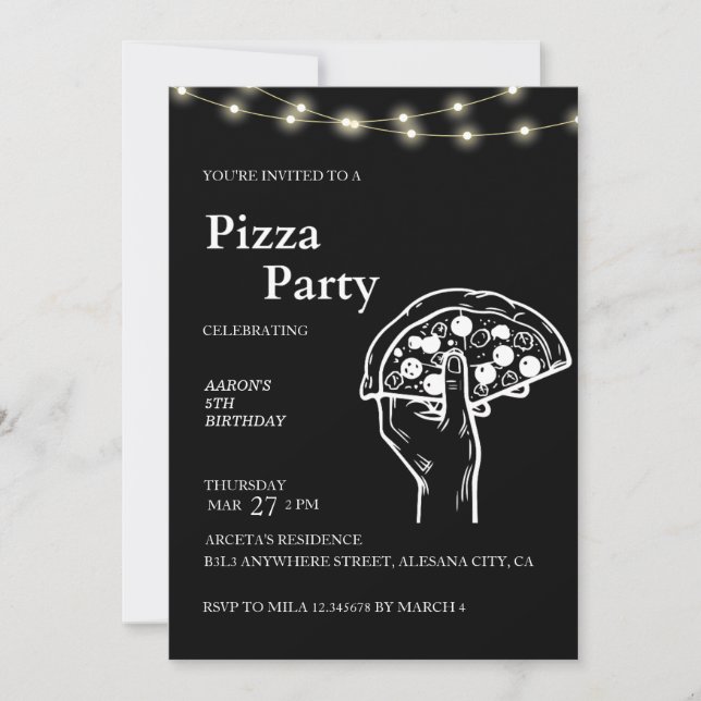 Black Modern Minimalist Pizza Birthday Invitation (Front)