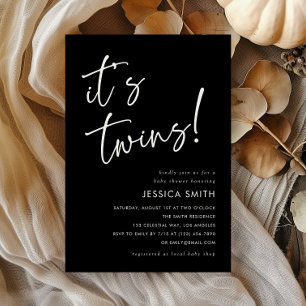 Black Modern Minimalist Twins Baby Shower Invitation