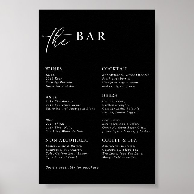 Black Modern Minimalist Wedding Bar Menu Poster (Front)