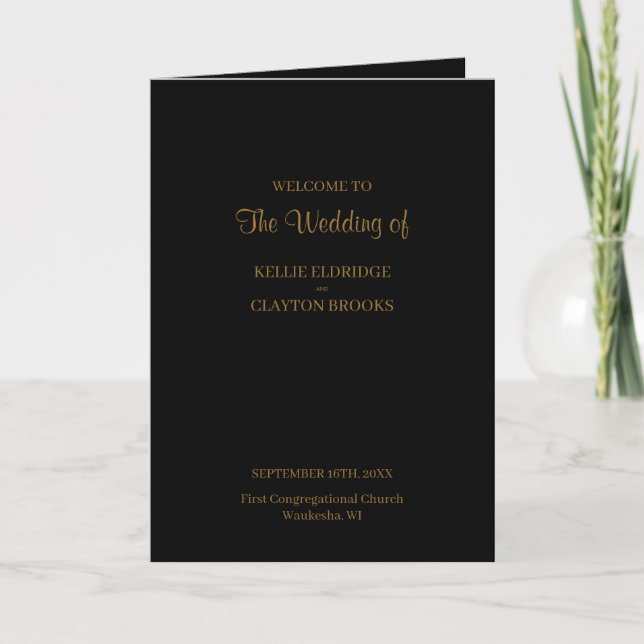 Black Modern Minimalist Wedding Folded Program Programme (Front)
