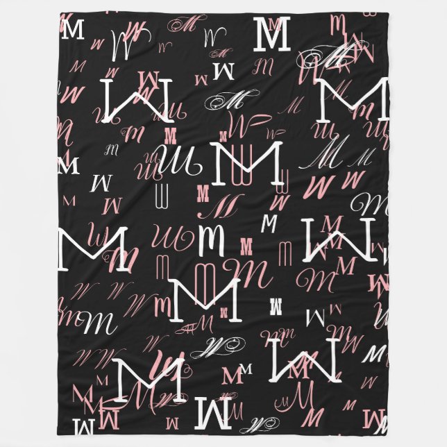 black modern monogrammed fleece blanket (Front)