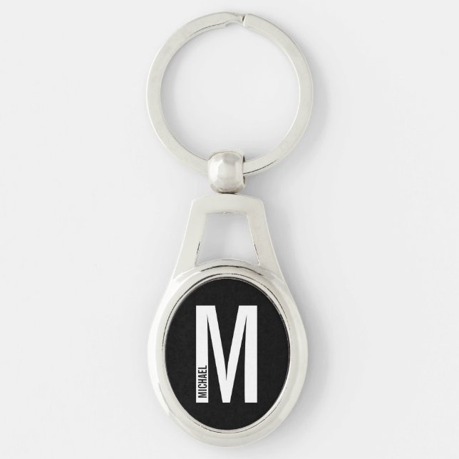 Black Modern Personalised Monogram and Name Key Ring (Front)