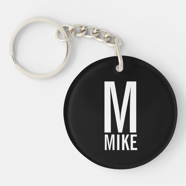 Black Modern Personalised Monogram and Name Key Ring (Front)