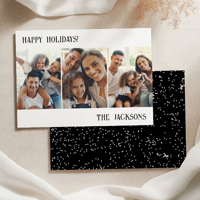 Black Modern Photo Collage Holiday Card with Snow (Creator Uploaded)