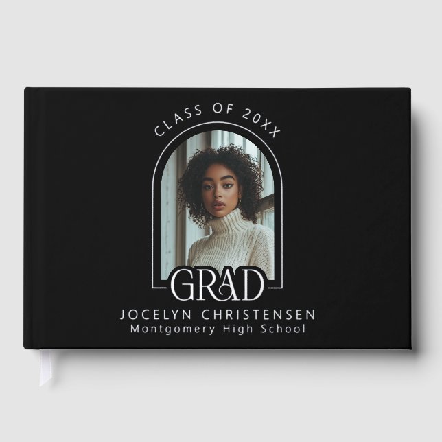 Black Modern Photo Graduation Silver Guest Book (Front)