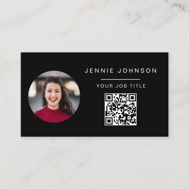 Black Modern Photo Minimal QR CODE Business Card (Front)