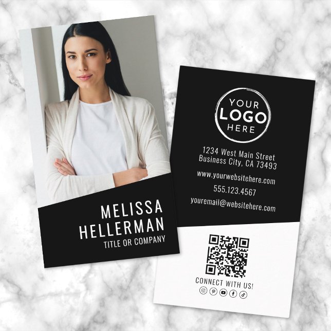 Black Modern Photo QR Code Logo Vertical Business Card (Black Modern Photo QR Code Logo Vertical Business Card)