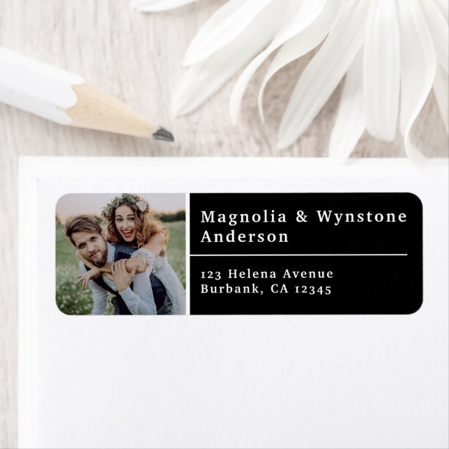 Black Modern Photo Wedding Return Address Label (Insitu)