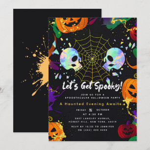 Black Modern Pumpkin Faux Opal Halloween skulls Invitation