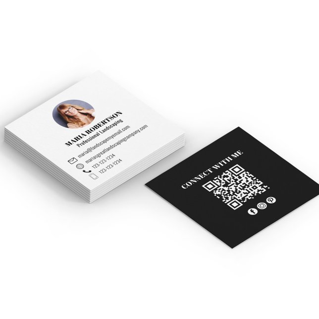 Black Modern QR Code Social Media Photo  Square Business Card (Minimalist modern simple black and white business card.)
