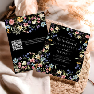 Black Modern QR Code Wildflower Wedding Invitation