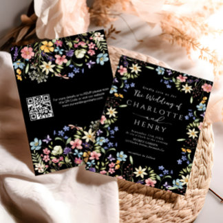 Black Modern QR Code Wildflower Wedding  Invitation