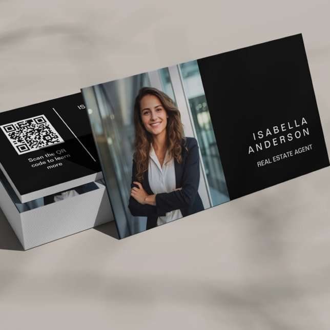 Black Modern Real Estate Professional Photo QR Business Card (Creator Uploaded)