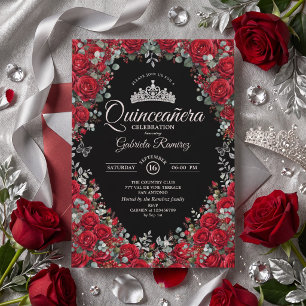 Black Modern Red and Silver Roses Quinceañera Invitation