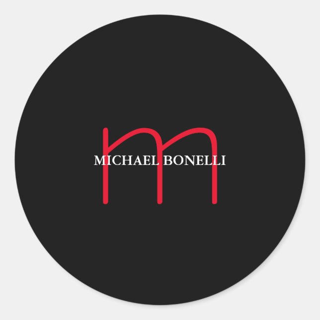 Black modern red monogram professional classic round sticker (Front)