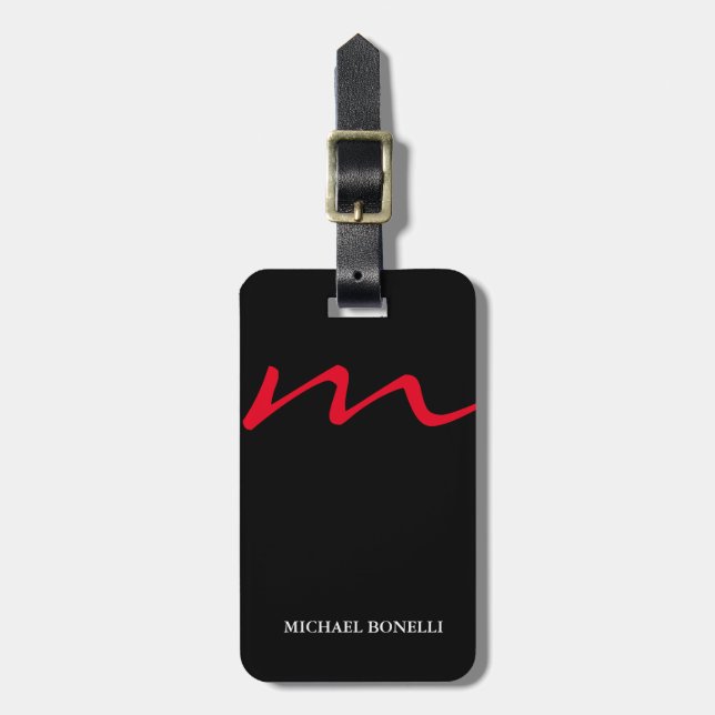 Black modern red monogram professional luggage tag (Front Vertical)