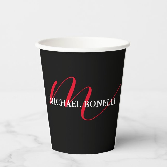 Black modern red monogram professional paper cups (Front)