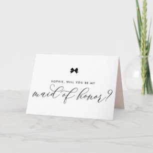 Black Modern Ribbon Bow Be My Maid of Honour Card