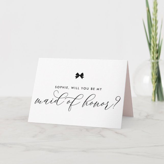 Black Modern Ribbon Bow Be My Maid of Honour Card (Front)