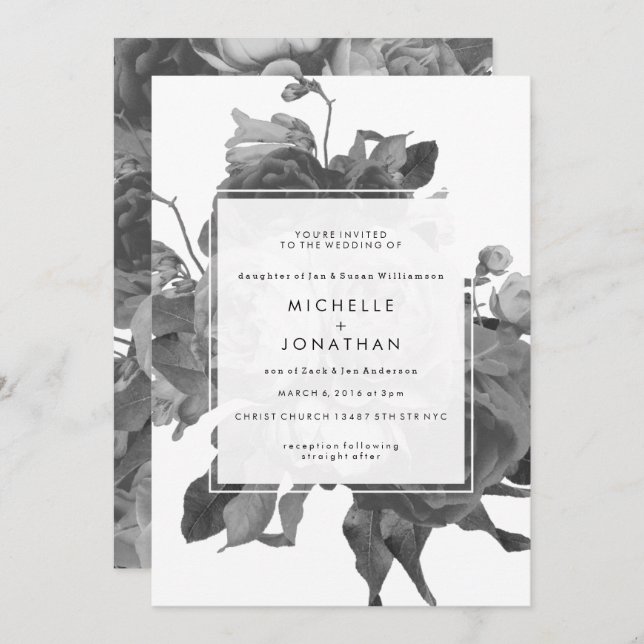 Black Modern Roses Wedding Invitation (Front/Back)