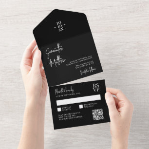 Black Modern Rustic Minimalist Wedding QR Code All In One Invitation