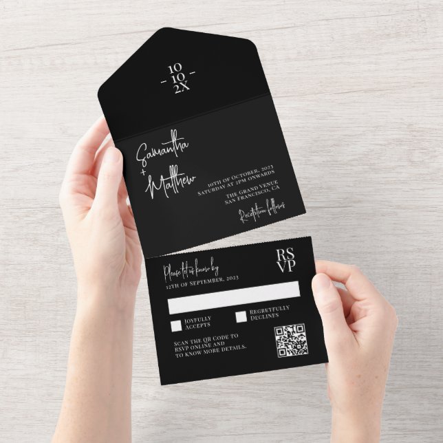 Black Modern Rustic Minimalist Wedding QR Code All In One Invitation (Tearaway)