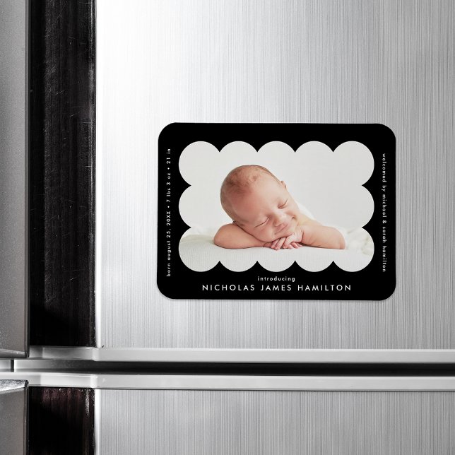 Black Modern Scalloped Frame Birth Announcement Magnet (Creator Uploaded)