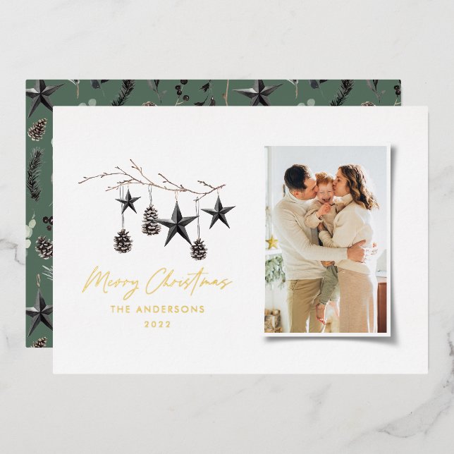 Black modern scandi elegant script Christmas photo (Front/Back)
