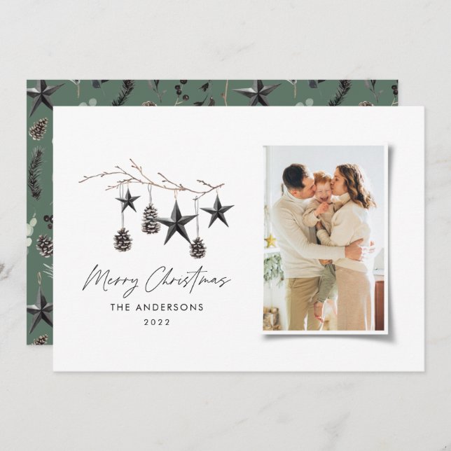 Black modern scandi elegant script Christmas photo Holiday Card (Front/Back)