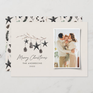 Black modern scandi elegant script Christmas photo Holiday Card