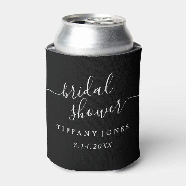 Black Modern Script Bridal Shower Can Cooler (Can Front)