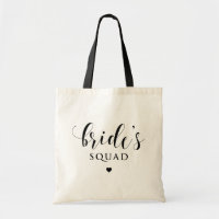 Black Modern Script Bride's Squad Heart Tote Bag