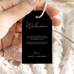 Black Modern Script Destination Wedding Welcome Gift Tags