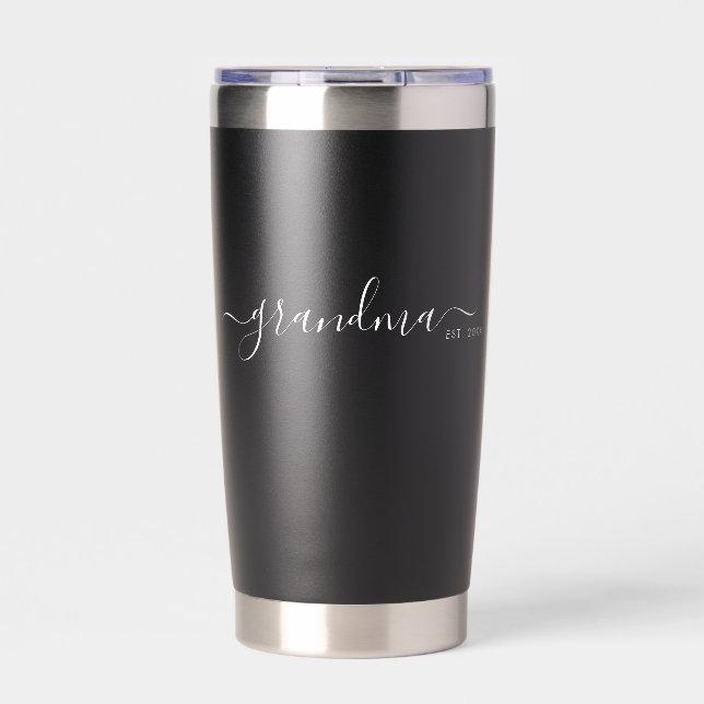 Black Modern Script Established Grandma Insulated Tumbler (Front)
