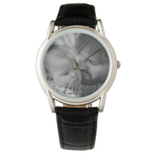 Black Modern Script Father Est. Year Photo Watch