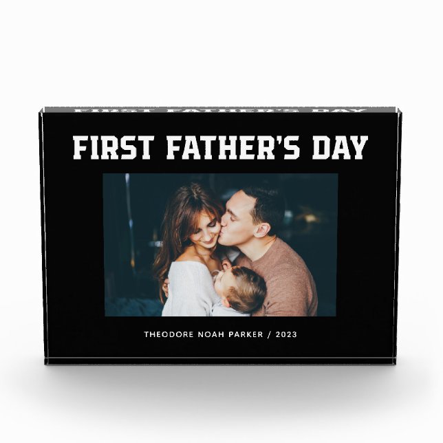 Black | Modern Script First Father's Day Photo Block (Front)