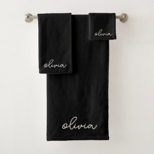 Black Modern Script Girly Monogram Name  Bath Towel Set