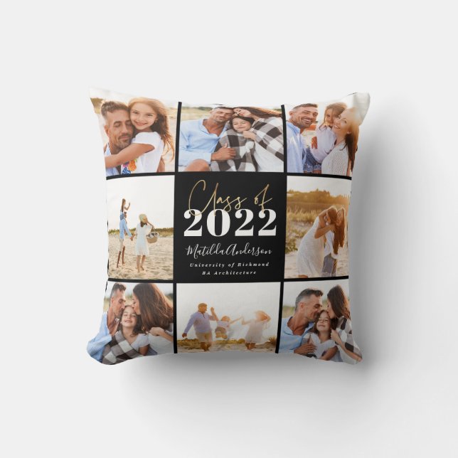 black modern script graduation photo class of 2022 cushion (Front)