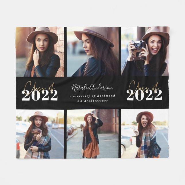 black modern script graduation photo class of 2022 fleece blanket (Front (Horizontal))