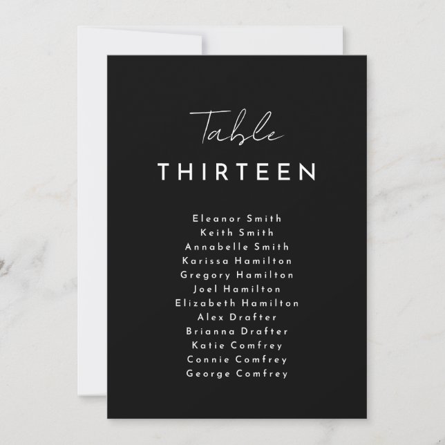 Black Modern Script Hanging Seating Chart Card (Front)